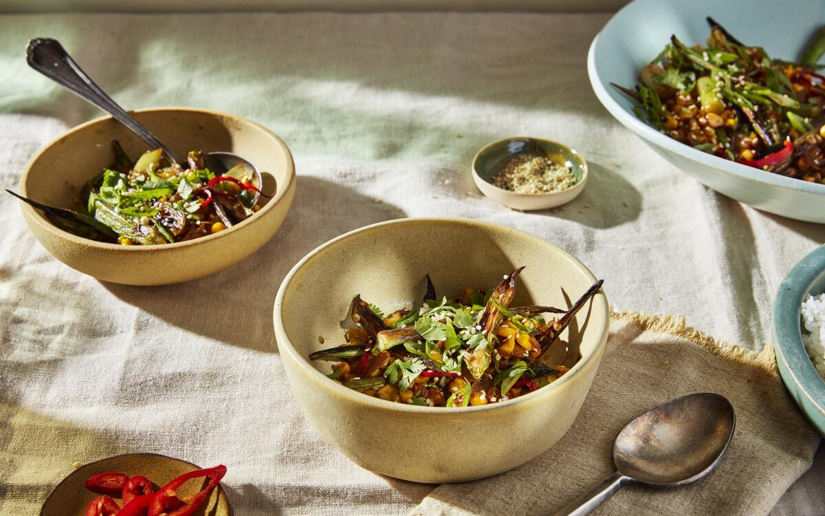 Okra and corn combine in this summery stir-fry spiced with fresh chiles, garlic and scallions.