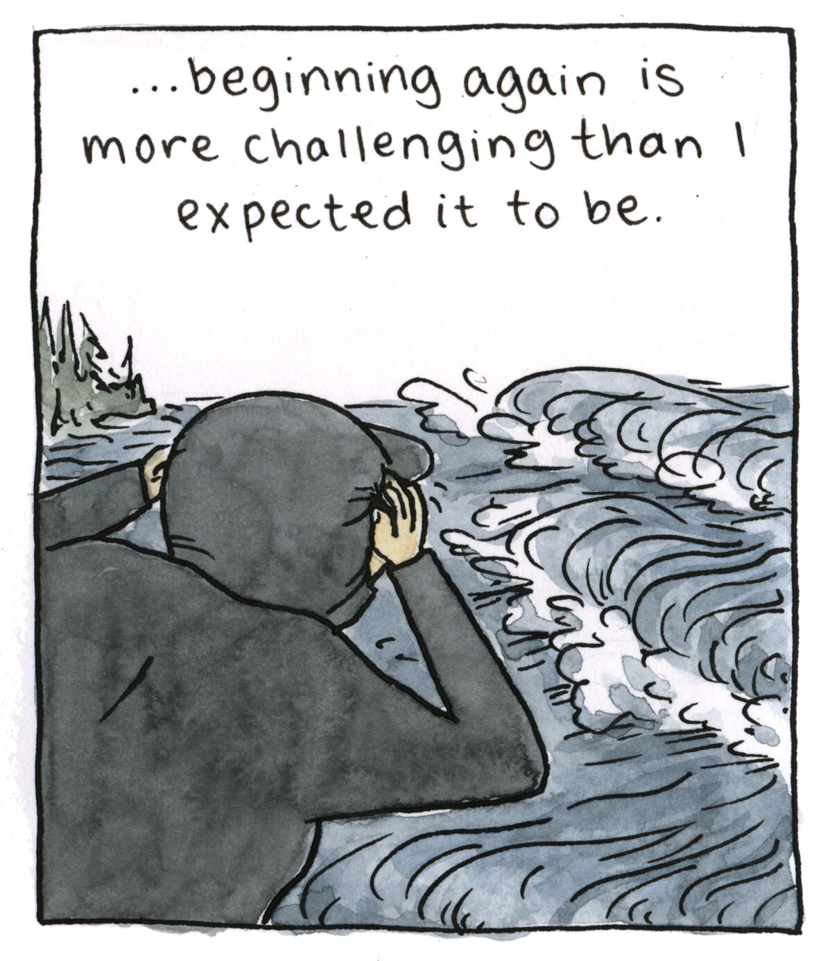 Illustration of a woman peering at the roiling ocean.