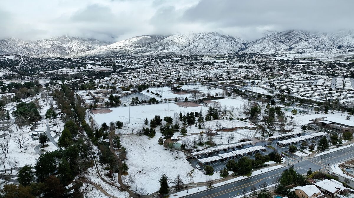 Aerial view of Yucaipa with a view of the San Bernardino Mountains on Feb. 23.