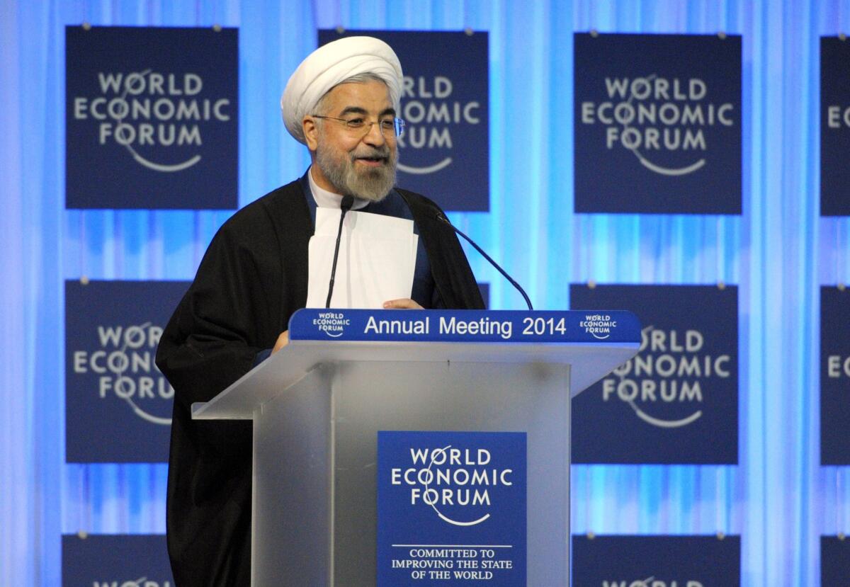 Iranian President Hassan Rouhani made the rounds at the 2014 World Economic Forum in Davos, Switzerland, on Thursday, assuring business and political leaders that Iran intends to achieve a permanent settlement of its nuclear dispute with world powers, improve relations with the West and open its economy to foreign investment once sanctions are lifted.
