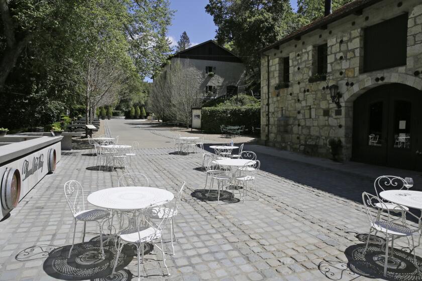 In this photo taken Wednesday, April 1, 2020, are the empty grounds of the historic Buena Vista Winery in Sonoma, Calif. Wineries that want to stay viable and connected to their customers during the coronavirus pandemic are harnessing platforms such as Facebook Live to offer virtual wine experiences. Tasting rooms in California shut down last month after the governor ordered businesses to close to slow the spread of the new virus. (AP Photo/Eric Risberg)