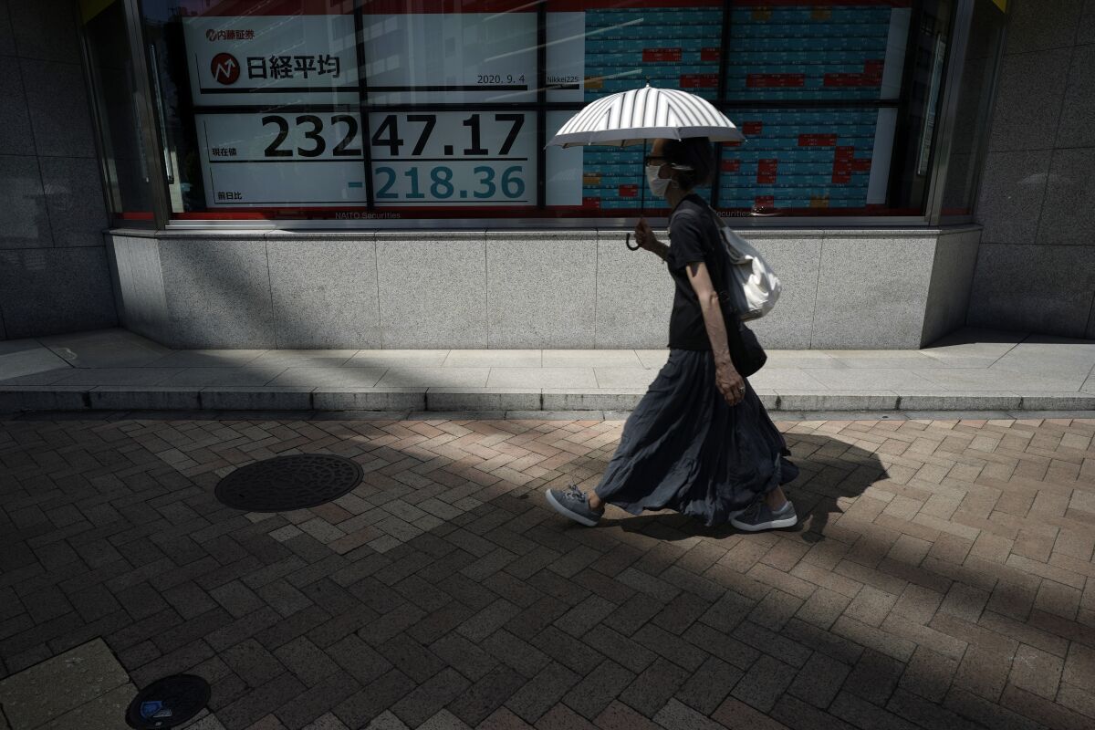 A woman wearing a face mask to help curb the spread of the coronavirus walks in front of an electronic stock board showing Japan's Nikkei 225 index at a securities firm in Tokyo Friday, Sept. 4, 2020. Asian markets skidded Friday after Wall Street had its worst day since June, as investors’ exuberance faltered after a spate of record highs. (AP Photo/Eugene Hoshiko)