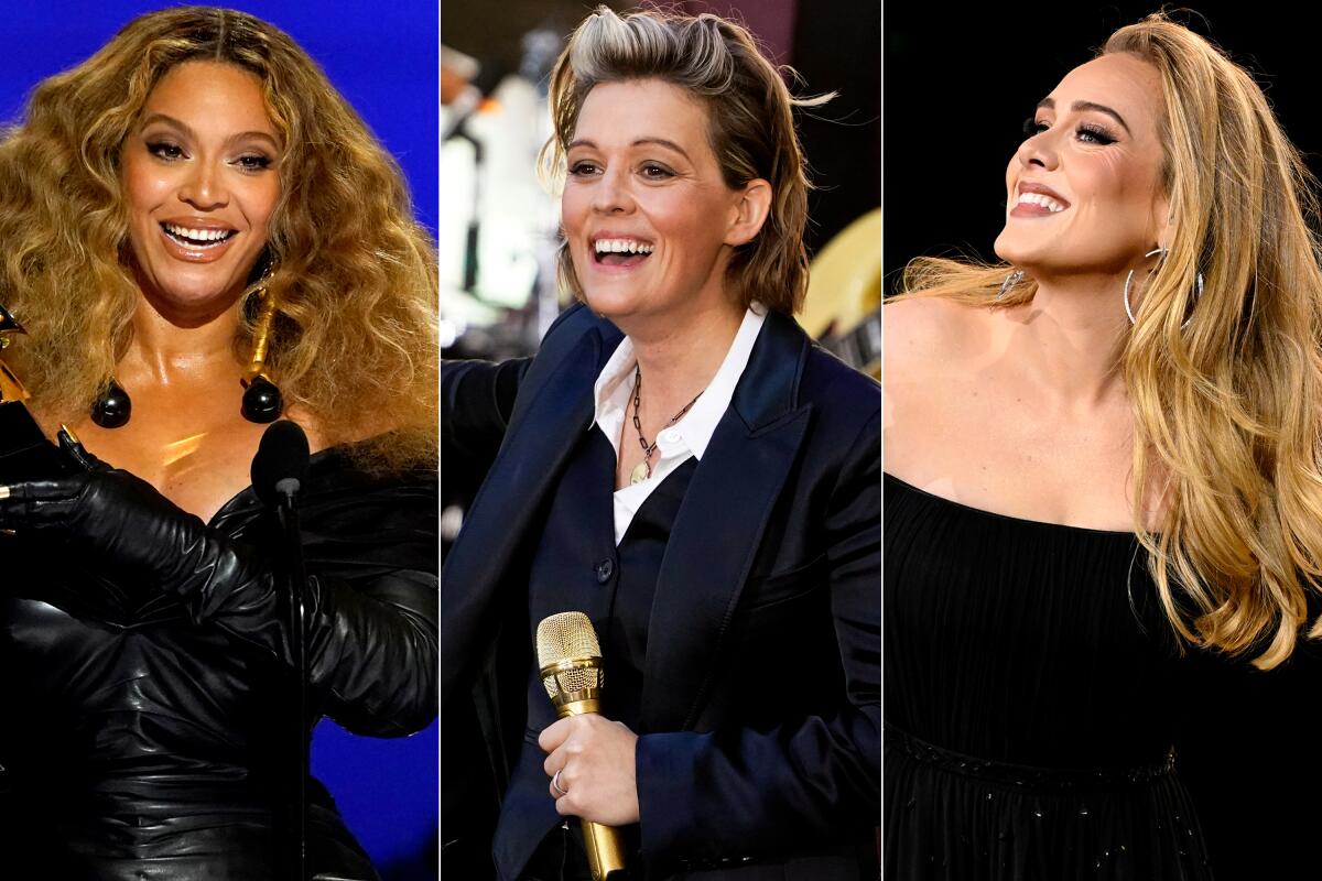 A photo collage with Beyoncé, Brandi Carlile and Adele.