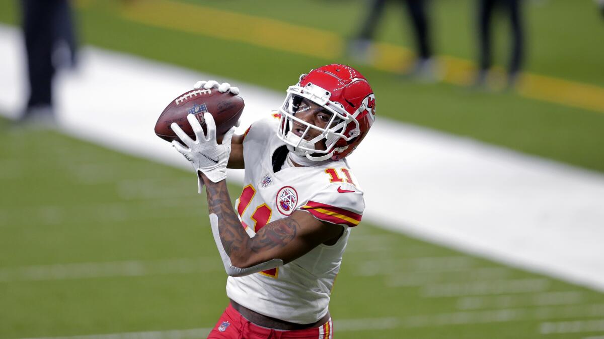Kansas City Chiefs wide receiver Demarcus Robinson warms up before a game against the New Orleans Saints on Dec. 20.