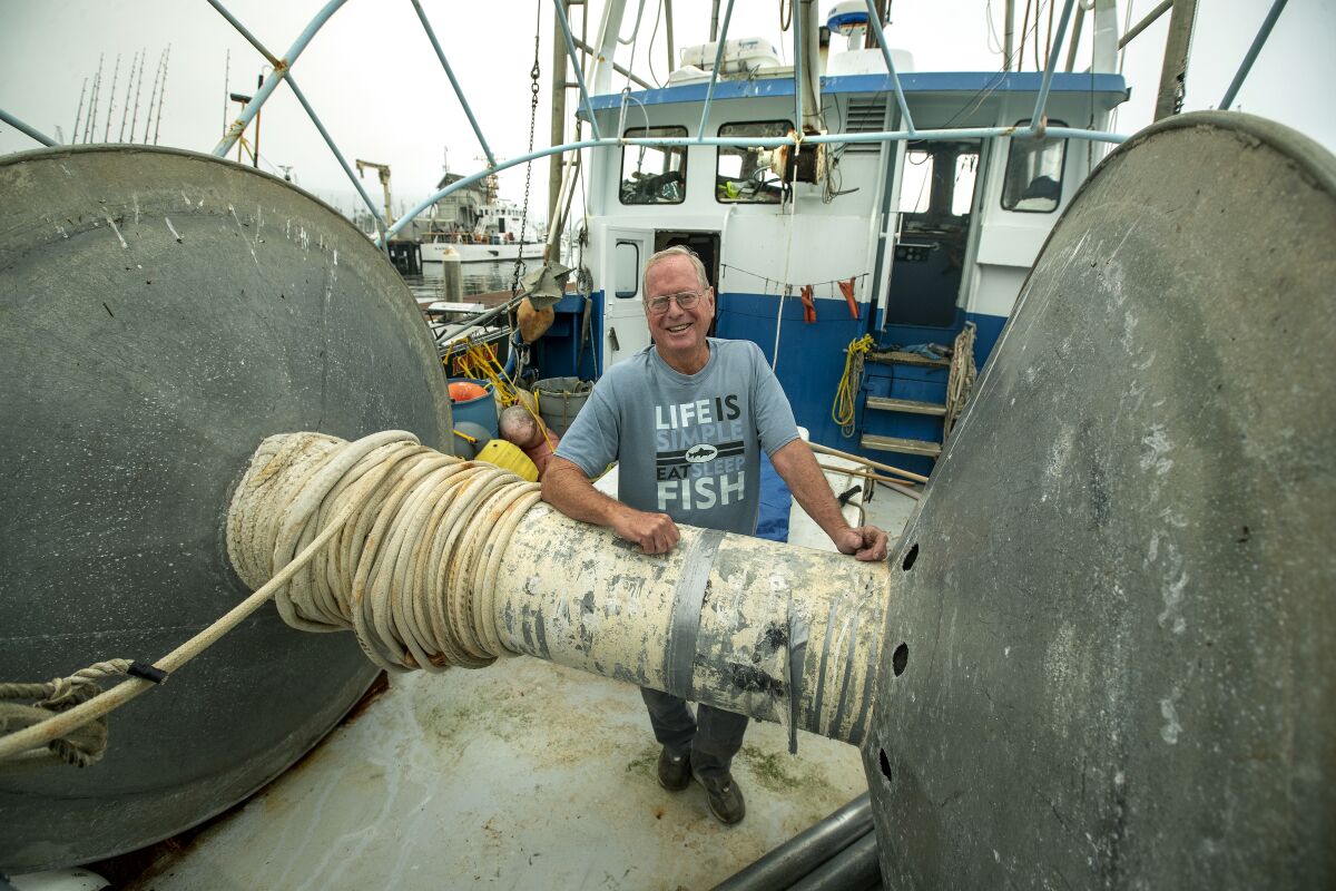Gary Burke, 75, is photographed aboard his 50-foot fishing vessel, Tytan, docked at Santa Barbara Harbor. 