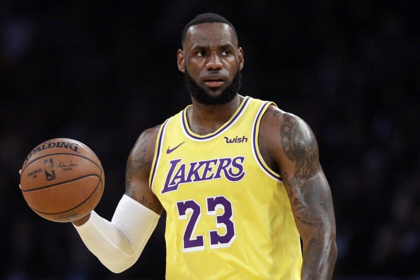 Los Angeles Lakers' LeBron James (23) during the first half of an NBA basketball game against the Houston Rockets Thursday, Feb. 21, 2019, in Los Angeles. (AP Photo/Marcio Jose Sanchez)