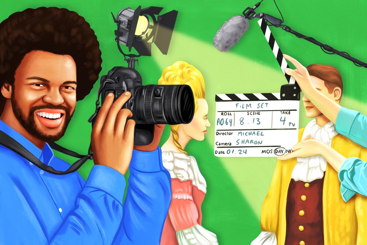 Illustration showing an on-set photographer aiming his camera while actors prepare to film a scene.
