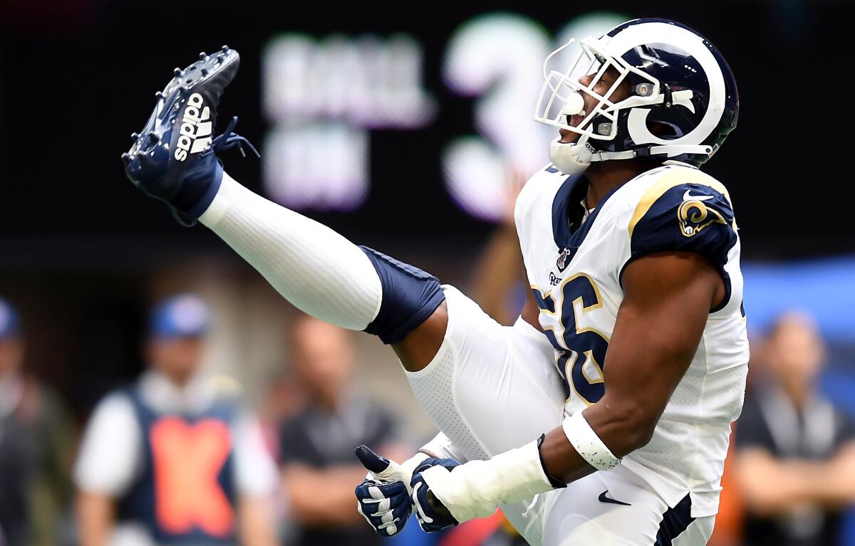 Rams linebacker Dante Fowler Jr. celebrates after sacking Atlanta Falcons quarterback Matt Ryan.