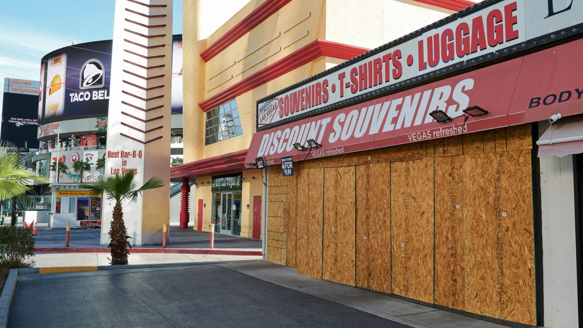 The boarded-up souvenir shop across the Strip from CityCenter on March 19.