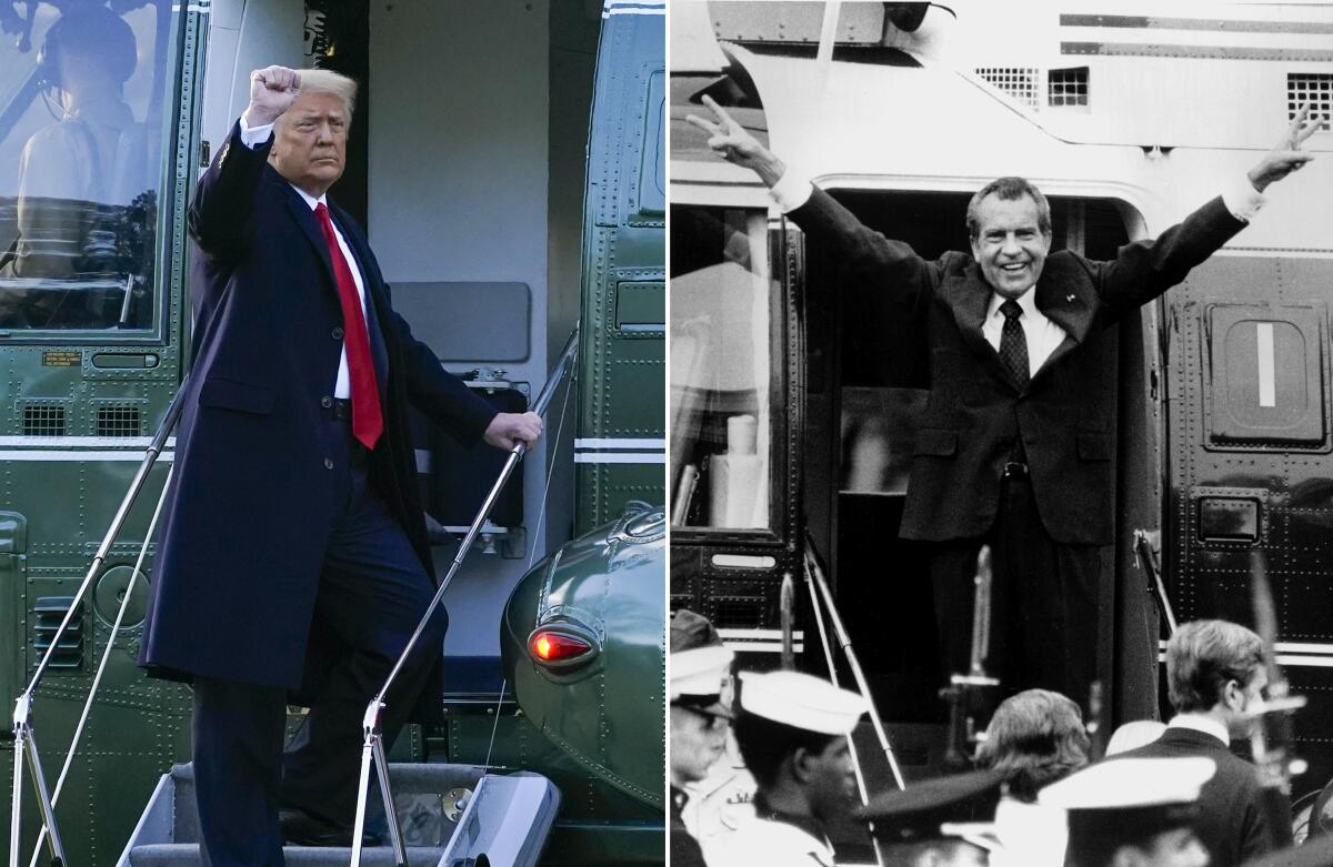 President Trump and President Nixon depart the White House at the end of their terms