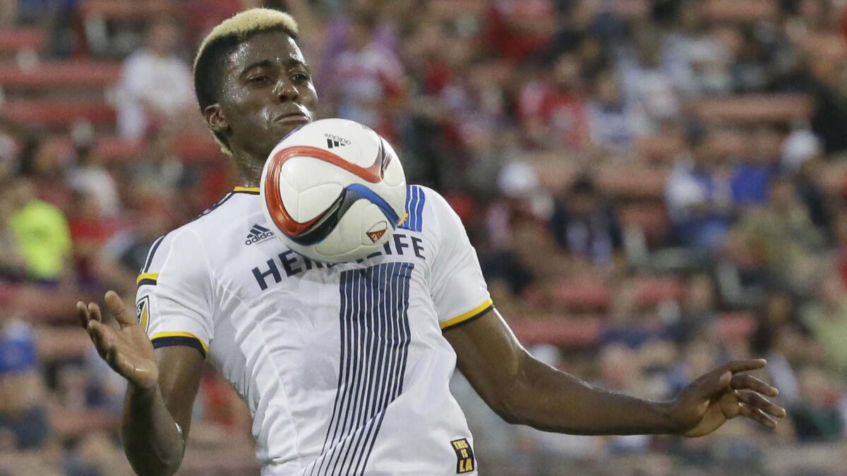 Galaxy forward Gyasi Zardes tries to gain control of the ball during a match against FC Dallas on May 9, 2015.