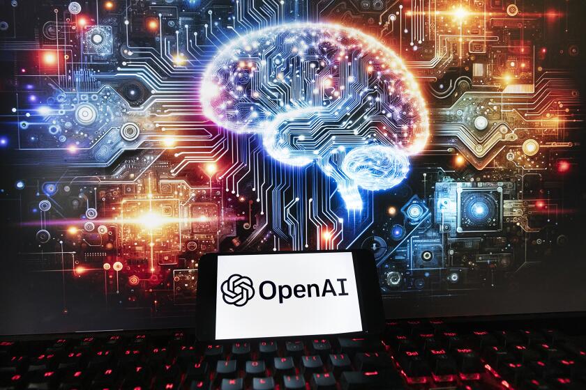 ARCHIVO - El logotipo de OpenAI en la pantalla de un teléfono frente a la imagen de un monitor generada por la herramienta Dall-E de ChatGPT, el viernes 8 de diciembre de 2023, en Boston. (AP Foto/Michael Dwyer, Archivo)