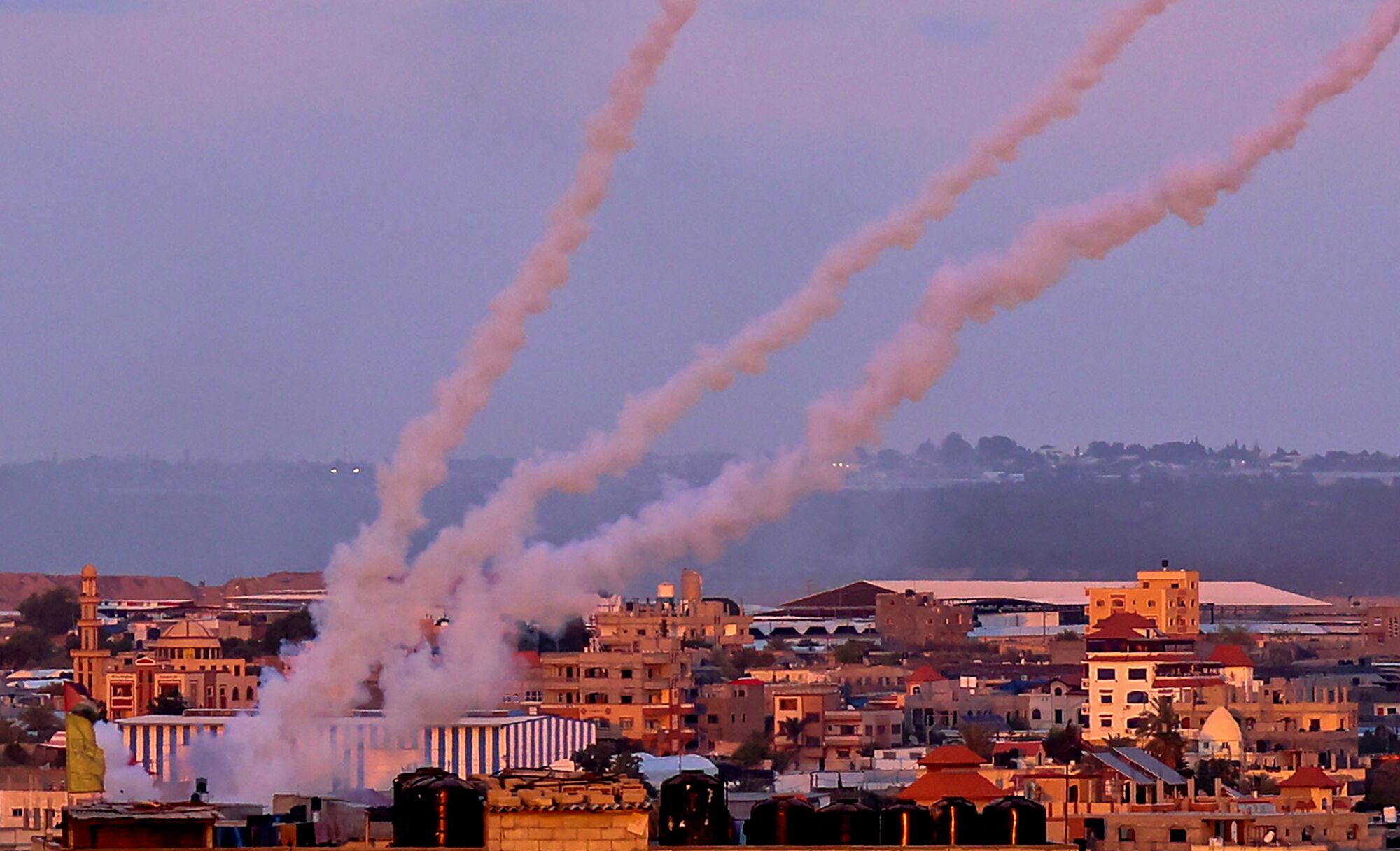 Rockets sail through the air from Gaza. 