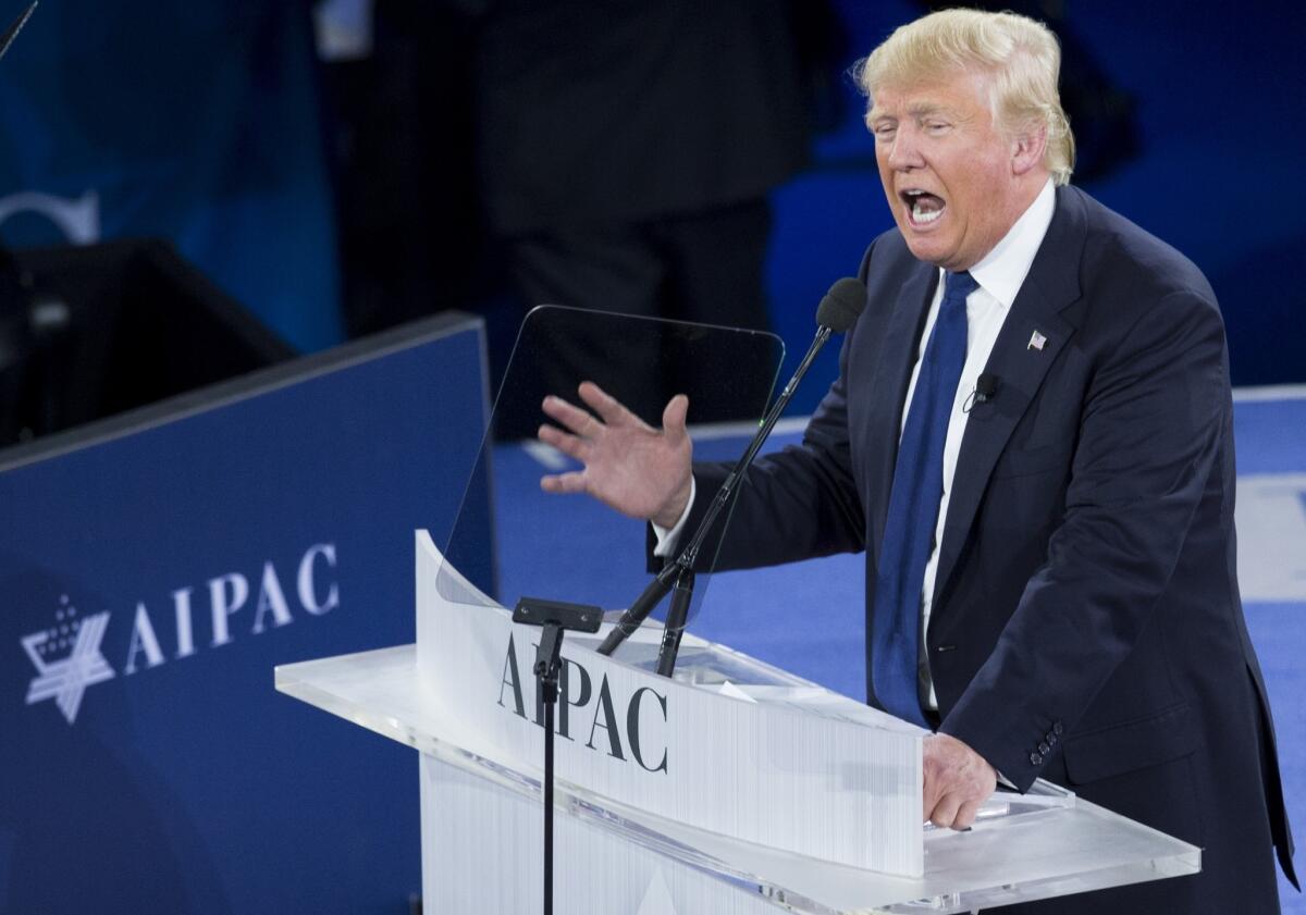 Donald Trump addresses the American Israel Public Affairs Committee conference on Monday in Washington.