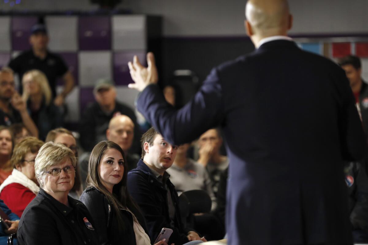 Cory Booker speaks to Iowans at the Adel Family Fun Center.