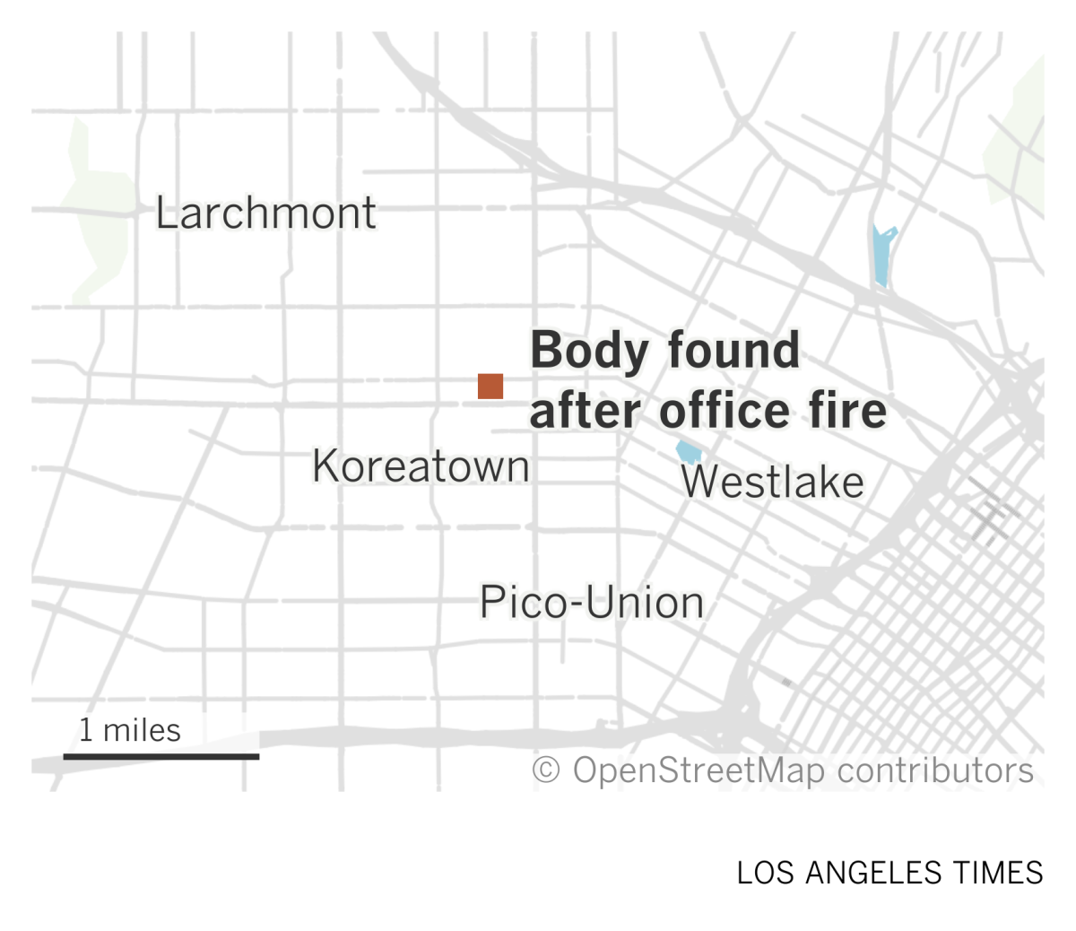 A map of central Los Angeles shows where a body was found after an office fire in Koreatown