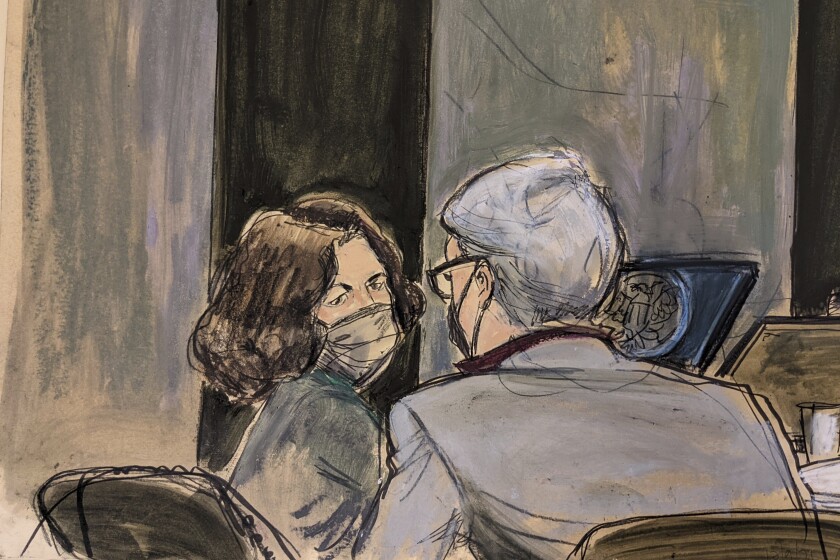 This courtroom sketch shows Ghislaine Maxwell, left, conferring with her defense attorney Bobbi Sternheim before the start of her sex abuse trial today, Thursday Dec. 9, 2021, in New York. (AP Photo/Elizabeth Williams)
