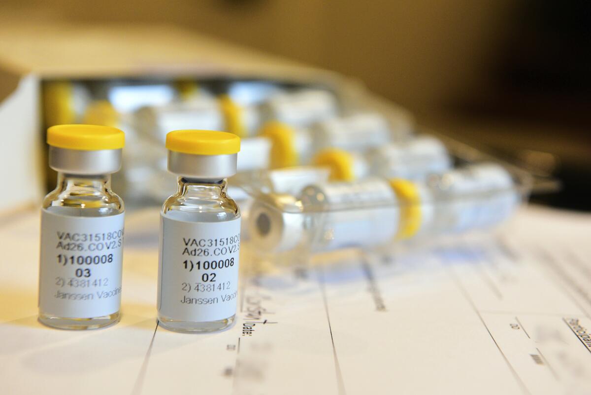 Vials of the single-dose COVID-19 vaccine being developed by  Johnson & Johnson