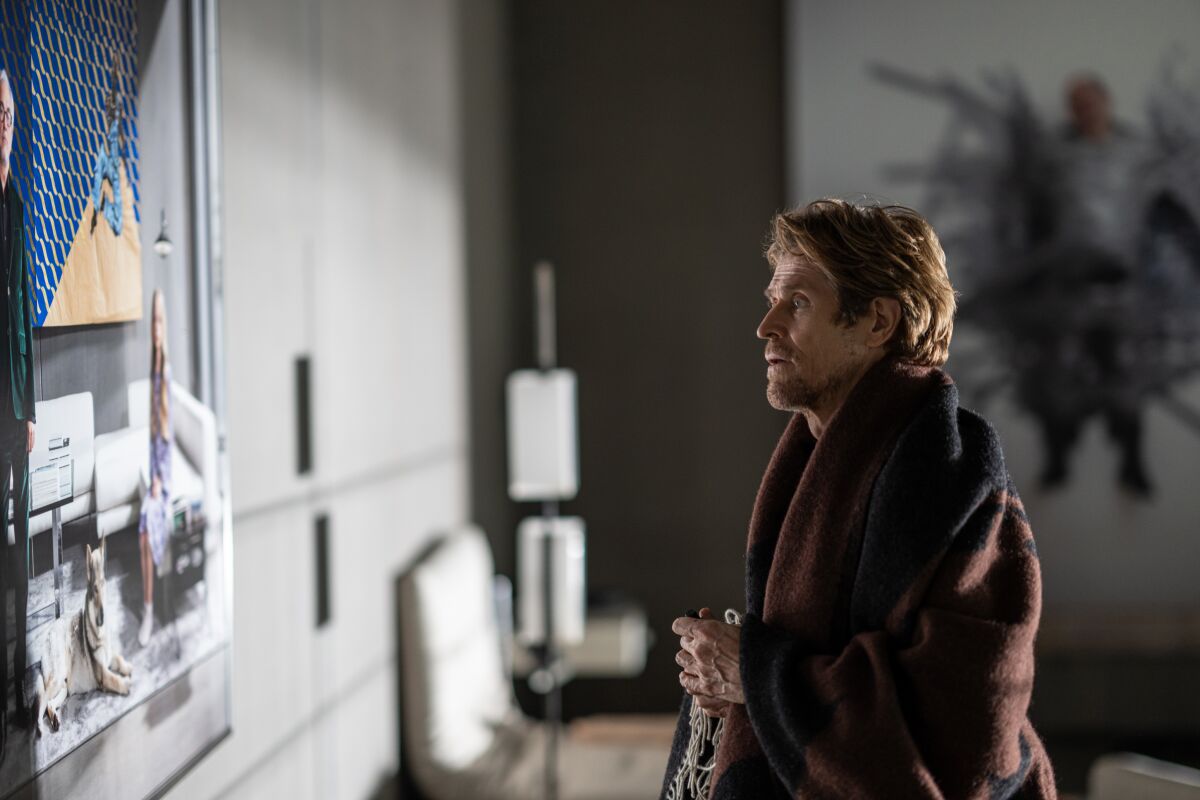 A man in a brown robe stares at a painting that hangs on the wall