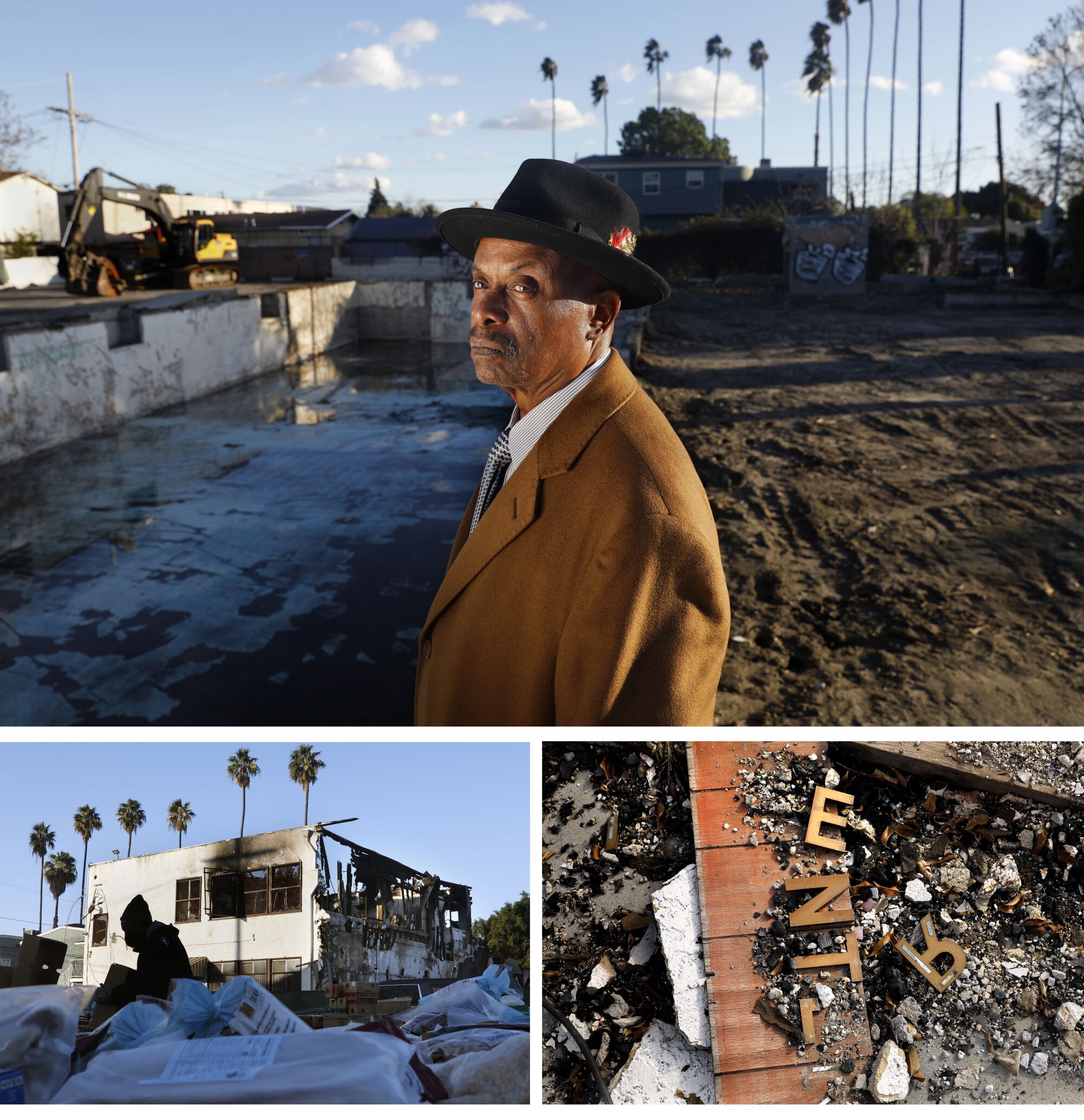 A triptych of, top, Edward Jenkins; left, burnt remains of a building; and right, burnt remains of an “Enter” sign