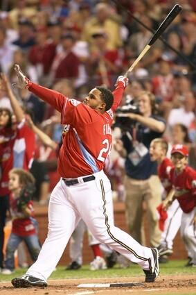 Brewers slugger Prince Fielder follows through on one of his six home runs in the final round of the All-Star game Home Run Derby on Monday night at Busch Stadium in St. Louis.