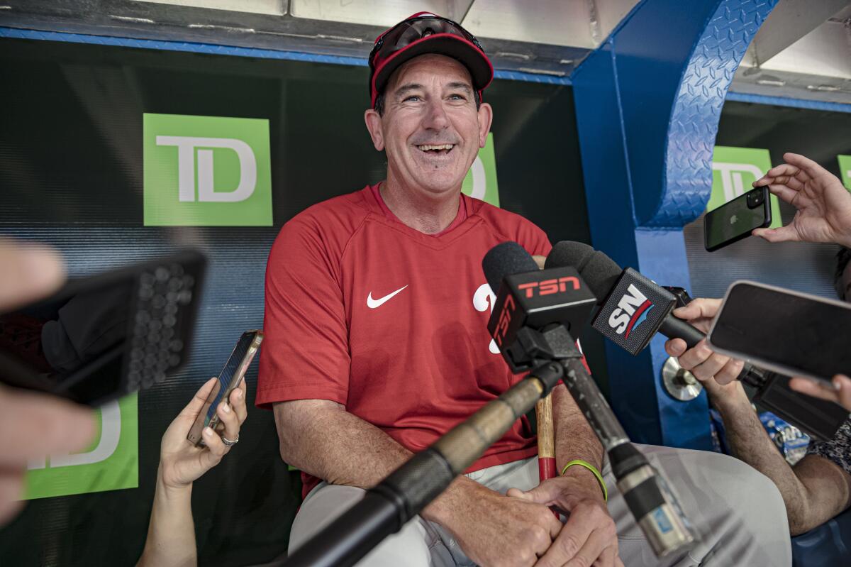 Philadelphia Phillies interim manager Rob Thomson is photographed during a press conference ahead of interleague baseball game against the Toronto Blue Jays, in Toronto, on Tuesday, July 12, 2022. Thomson will become the first Canadian to manage a Major League Baseball game in Canada on Tuesday night. (Christopher Katsarov/The Canadian Press via AP)