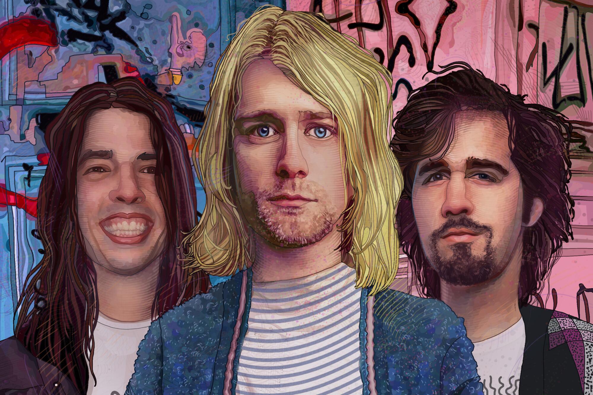 Illustration: From left, Nirvana's Dave Grohl, Kurt Cobain, and Krist Novoselic. 
