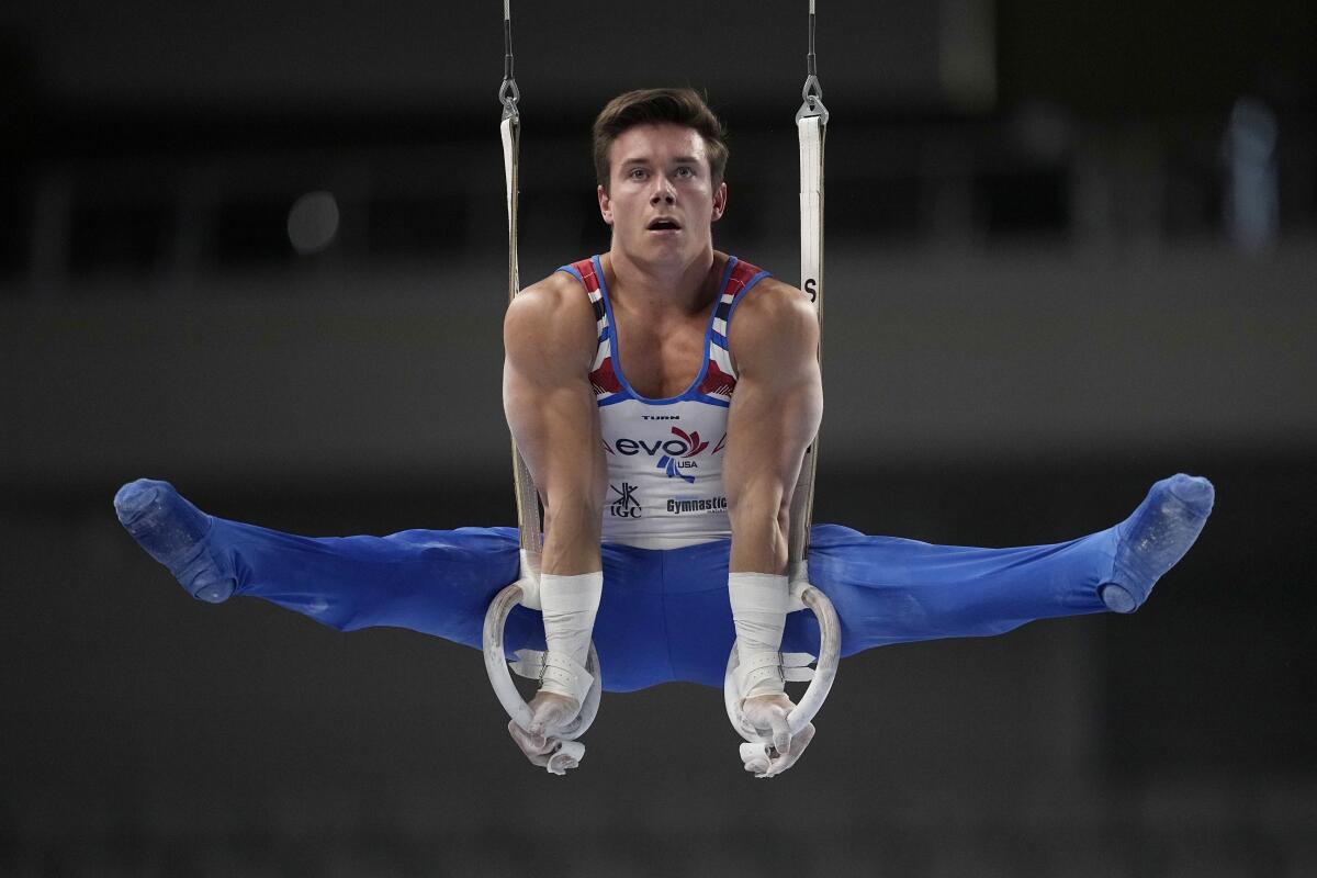 Brody Malone competes on the rings during the U.S. gymnastics championships on June 1.
