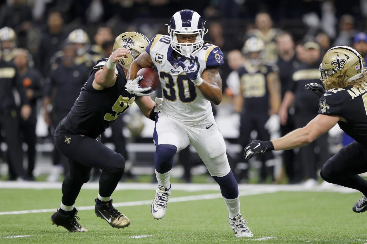 Rams running back Todd Gurley finds room to run against the Saints during the NFC title game on Jan. 20, 2019.