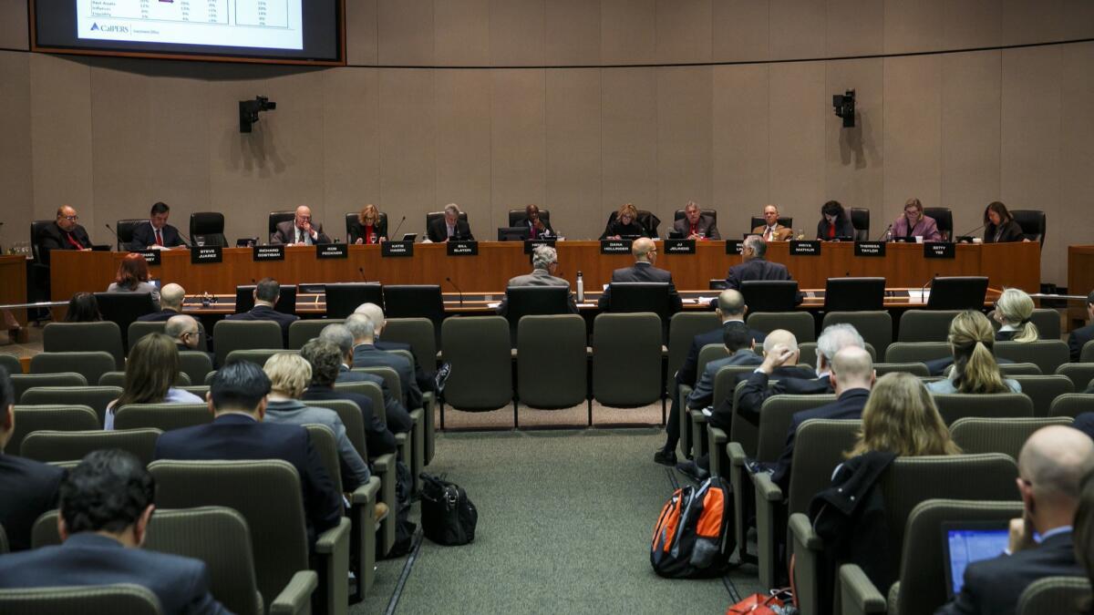 The CalPERS board of administration meets in Sacramento, Calif. on Dec. 19, 2016.