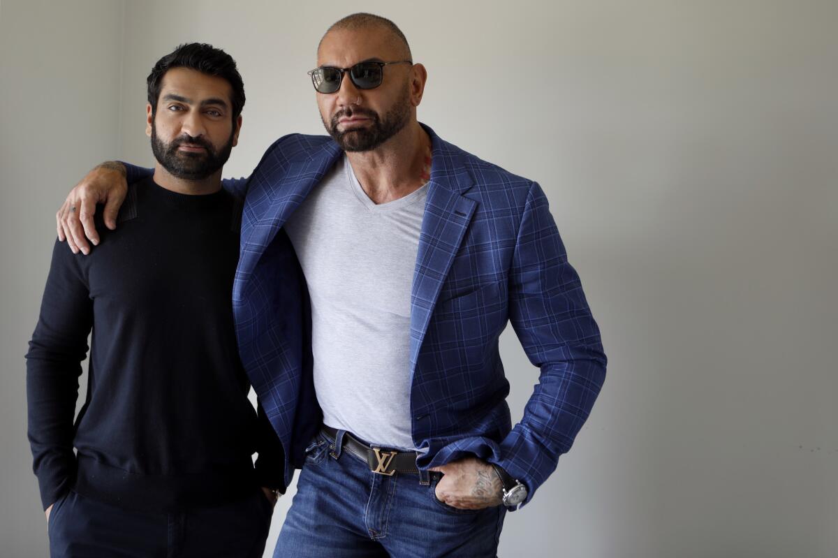 Portrait of "Stuber" co-stars Kumail Nanjiani, left, and and Dave Bautista in Los Angeles at the Four Seasons Beverly Hills on June 15, 2019.