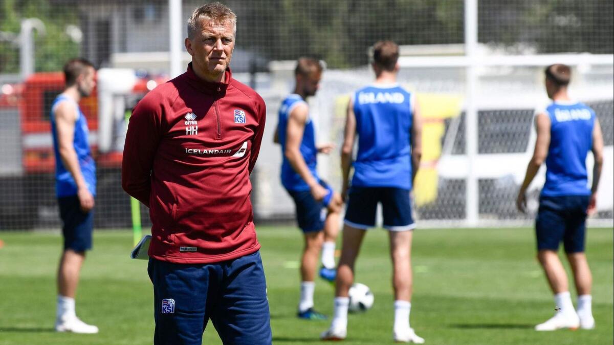 Iceland coach Heimir Hallgrimsson at a training session in Kabardinka, Russia, on Thursday.
