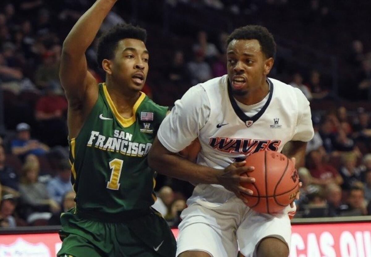 Pepperdine guard Jeremy Major drives against San Francisco guard Devin Watson during a quarterfinal game of the West Coast Conference tournament on March 5.