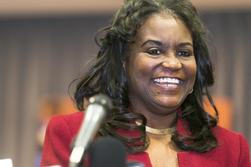 Michelle King smiles as she presented as LAUSD's next superintendent by members of the board of education during a news conference in Los Angeles on Jan. 11.