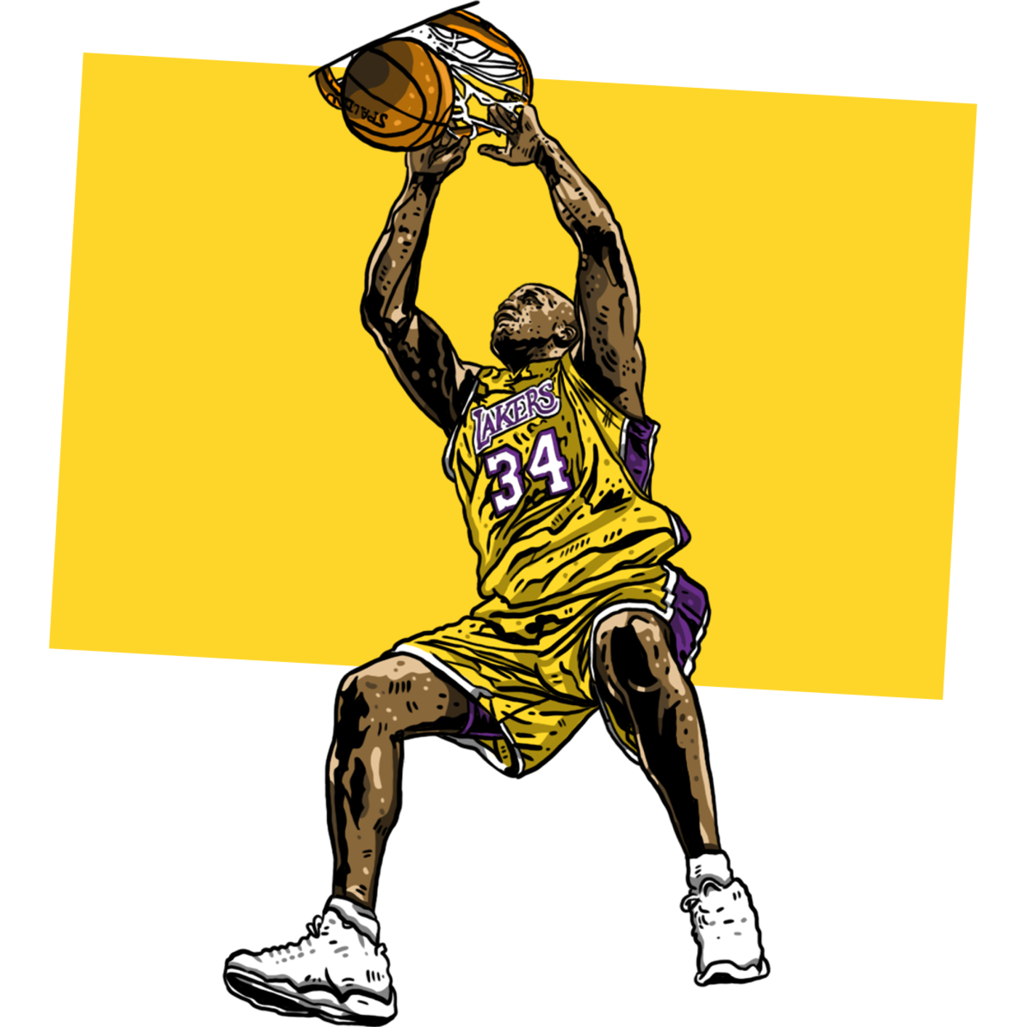Illustration of Shaquille O'Neal in a yellow #34 jersey dunking.