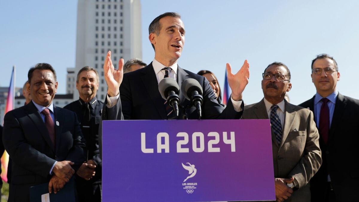 Los Angeles Mayor Eric Garcetti speaks during a news conference in Los Angeles on Jan. 25.
