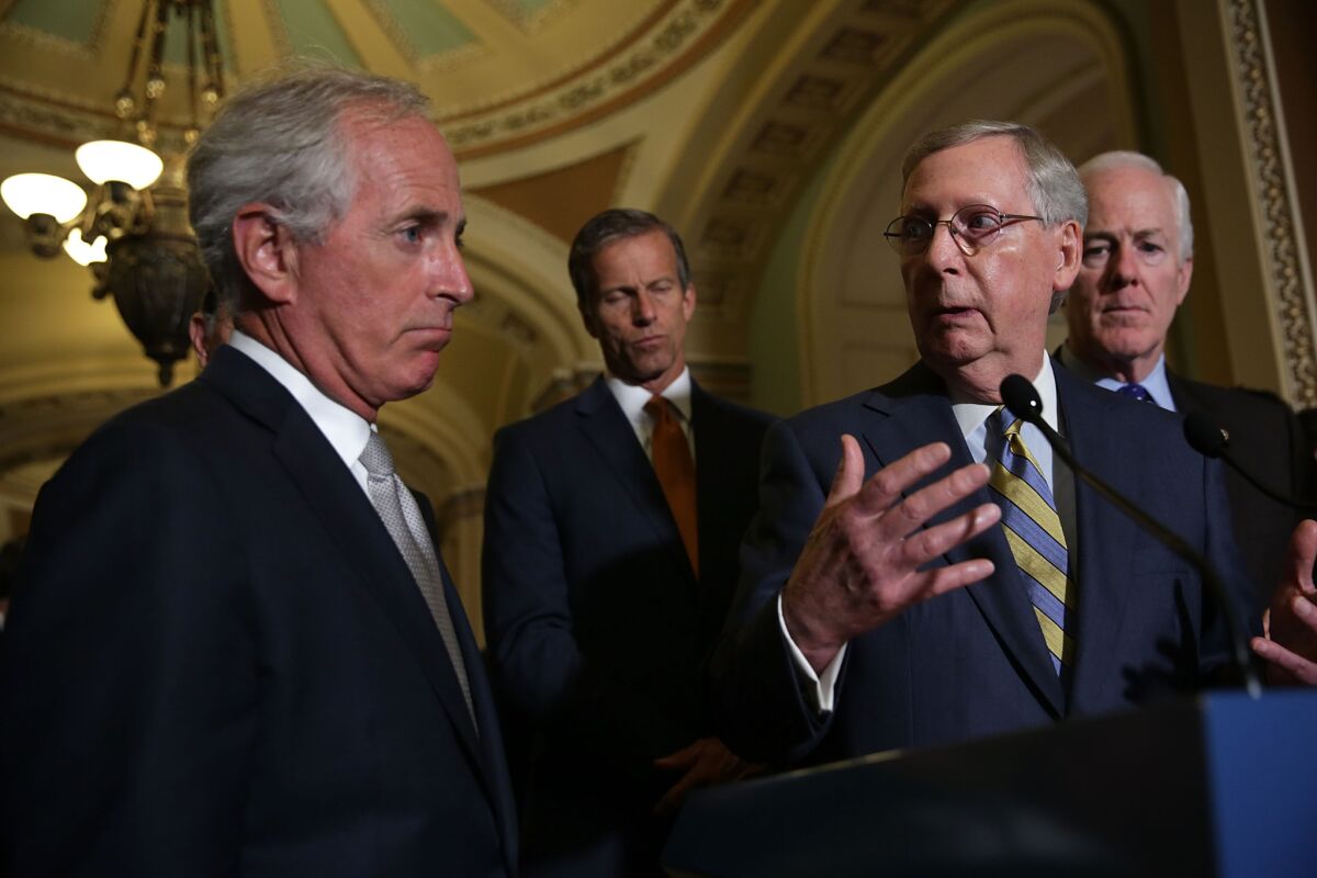 Senate Majority Leader Mitch McConnell denounces the Iran nuclear agreement as fellow Republican Senators Bob Corker, John Thune and Senate Majority Whip John Cornyn listen, at a news conference following the weekly Senate Republican Policy Luncheon on Sept. 9.