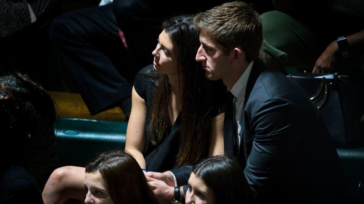 Former UCLA quarterback Josh Rosen attends the funeral for Tyler Hilinski in a packed gymnasium at Damien High School on Saturday.