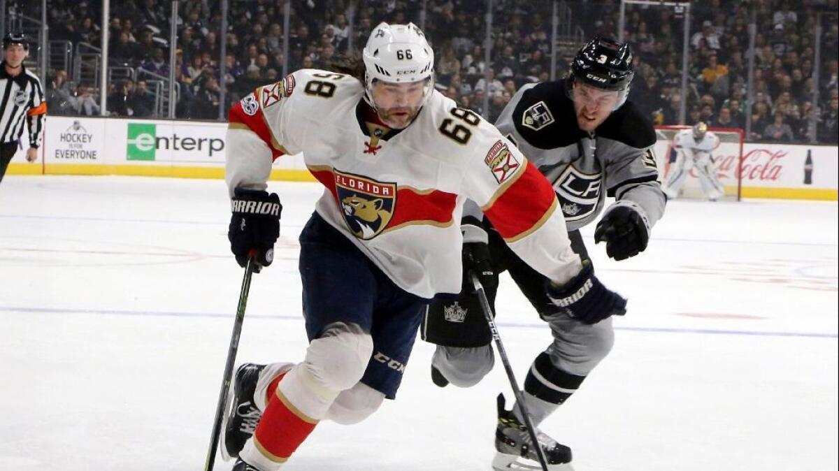 Panthers right winger Jaromir Jagr skates past Kings defenseman Brayden McNabb during the first period of a game Feb. 18 at Staples Center.