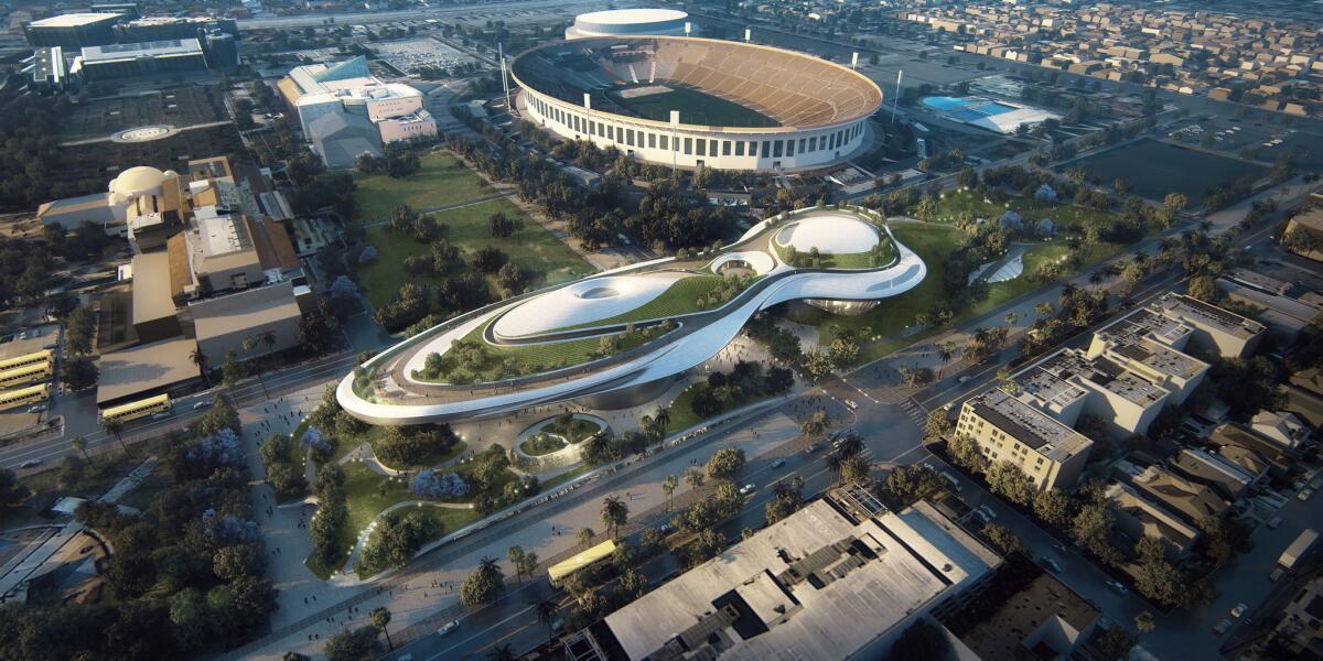 The Lucas museum proposal for Exposition Park, with the Coliseum in the distance. Lucas Museum of Narrative Art