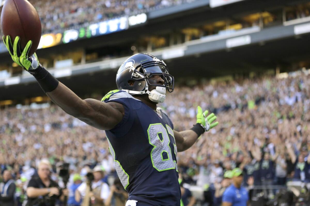 Seattle Seahawks receiver Ricardo Lockette celebrates after finishing off a 33-yard pass play for a touchdown against the Green Bay Packers on Sept. 4 in Seattle.
