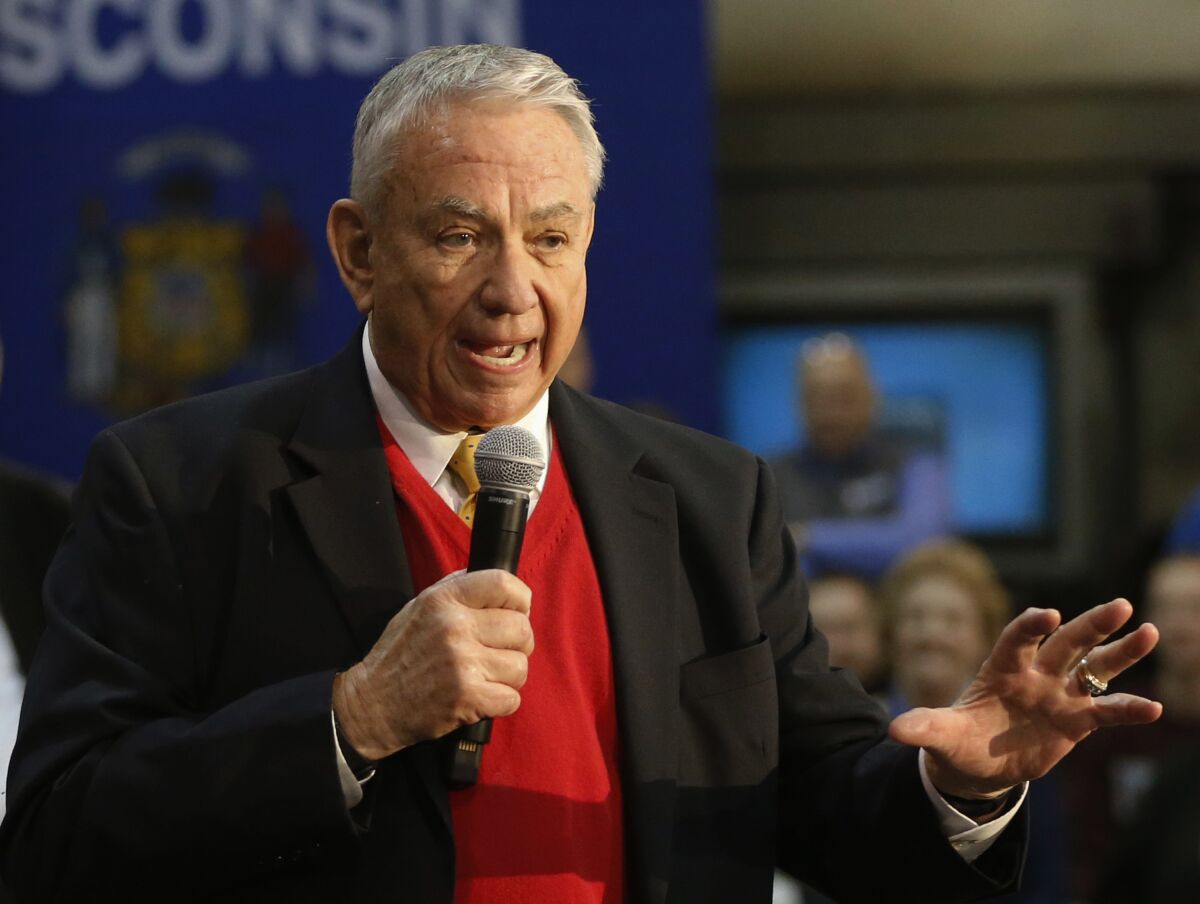 FILE - In this March 18, 2016 file photo, Tommy Thompson shows in West Salem, Wis. Thompson, the longest-serving governor in Wisconsin history and current interim president of the University of Wisconsin System, says, Thursday, Sept. 16, 2021, he is having surgery following a weekend water skiing accident. (AP Photo/Charles Rex Arbogast,File)