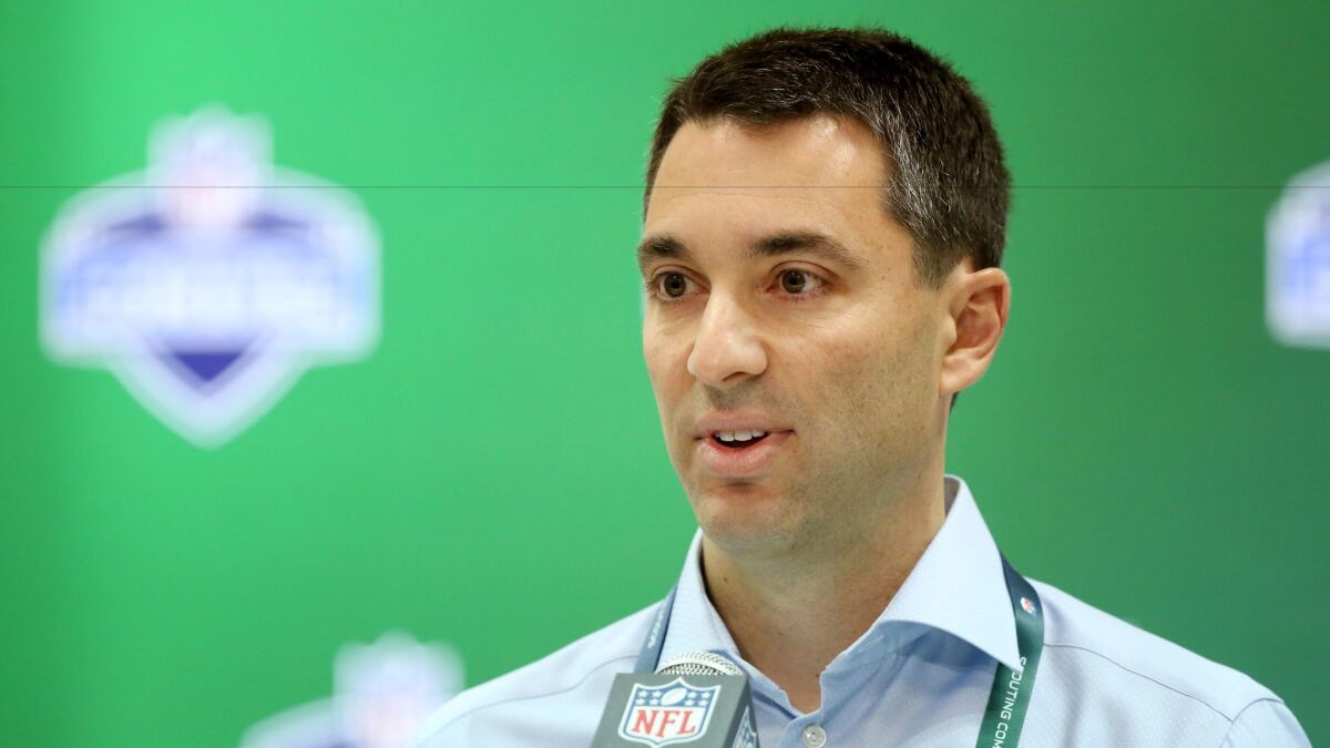 Tom Telesco speaks at a press conference at the NFL football scouting combine Thursday, March 2, 2017, in Indianapolis.
