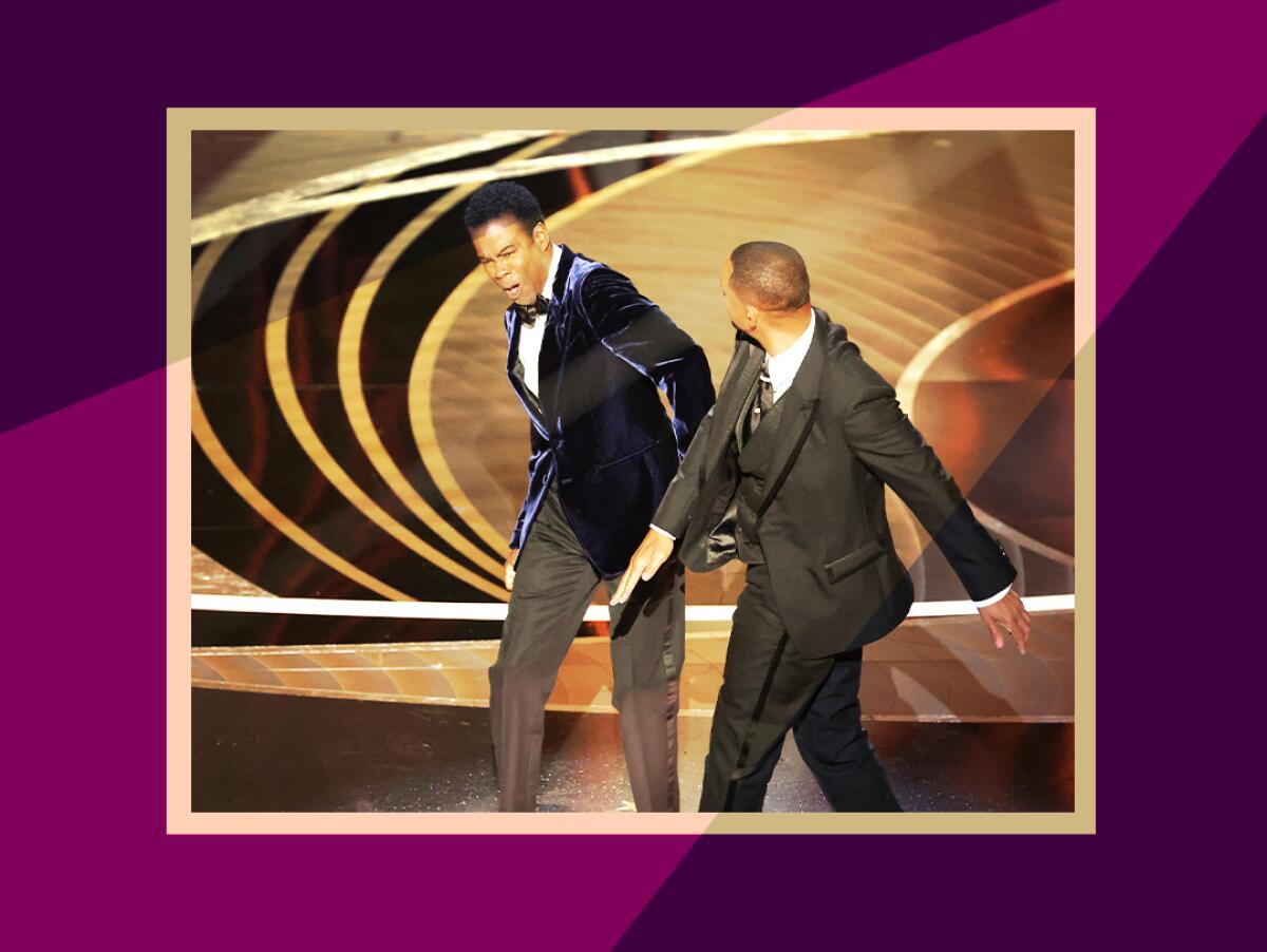 Will Smith slaps Chris Rock onstage during the show at the 94th Academy Awards.