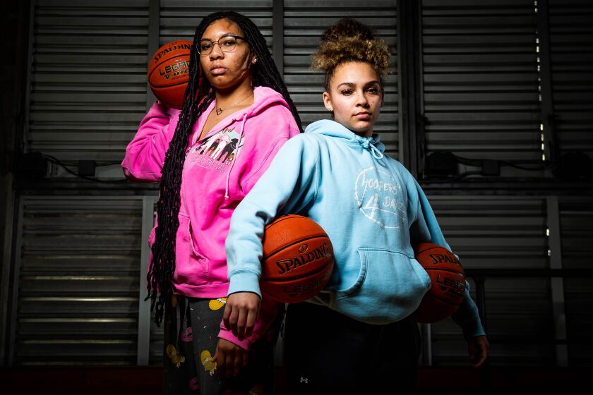 La Jolla, CA - February 07: La Jolla Country Day seniors Breya Cunningham and Jada Williams pose for a photo at the school on Tuesday, Feb. 7, 2023 in La Jolla, CA. The pair were picked for the McDonald's All-American Game. (Meg McLaughlin / The San Diego Union-Tribune)