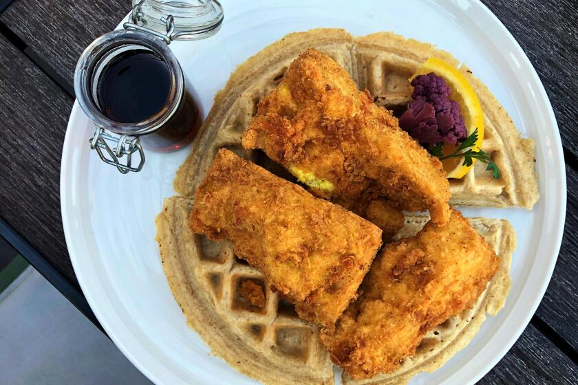 Vegan chicken and waffles at The Plot, a plant-based and zero-waste restaurant in Oceanside.