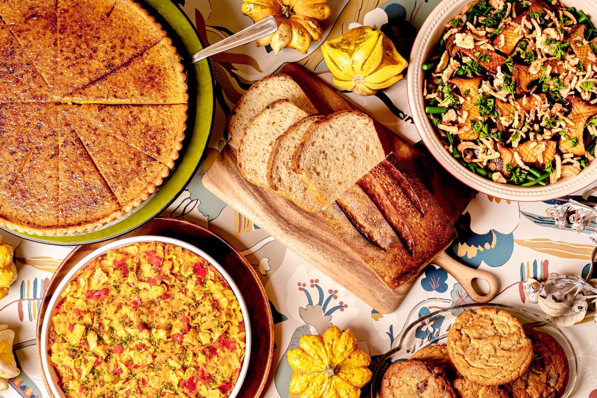 An overhead of Thanksgiving dishes