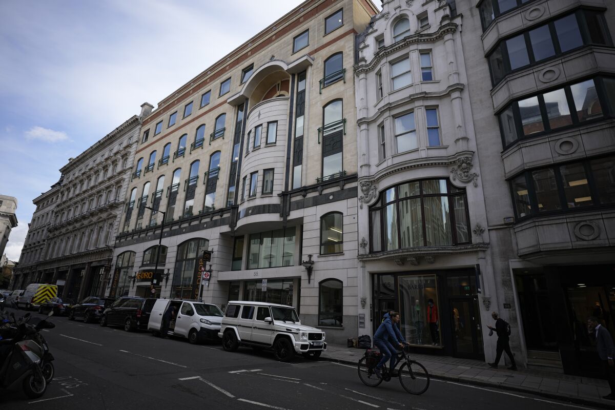 An exterior view of 56-60 Conduit Street in the Mayfair district of London, Monday, Oct. 4, 2021. The property is linked to Azerbaijani President Ilham Aliyev in a new report dubbed the Pandora Papers that sheds light on how world leaders, powerful politicians, billionaires and others have used offshore accounts to shield assets collectively worth trillions of dollars over the past quarter-century. (AP Photo/Matt Dunham)