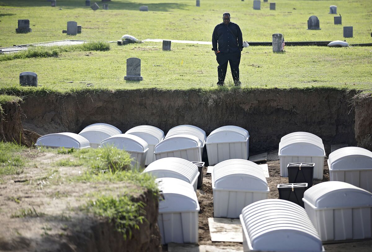 A man views containers of remains in a mass grave that are reinterred at a cemetery in Tulsa, Okla.
