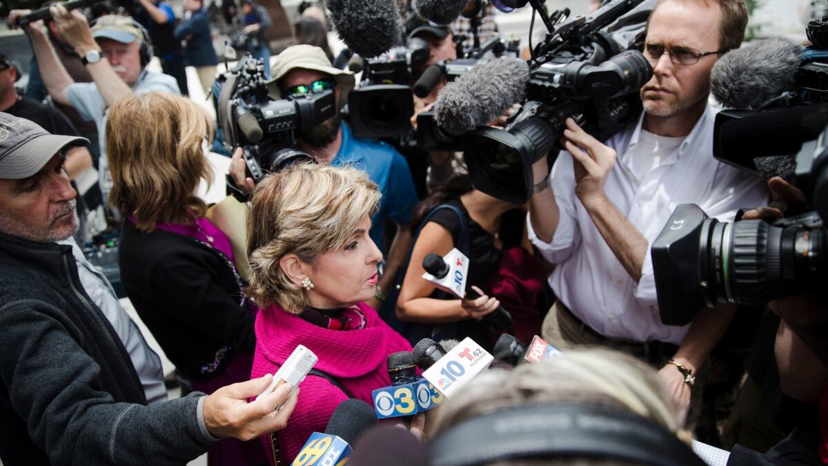 Attorney Gloria Allred speaks to members of the news media on the steps of the Montgomery County Courthouse during Bill Cosby's sexual assault trial in Norristown, Pa., on Thursday.